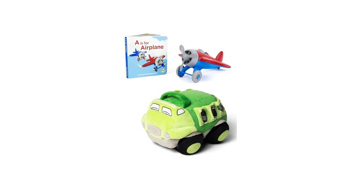 Green Toys Recycle Truck Plush & Airplane Board Book Bundle