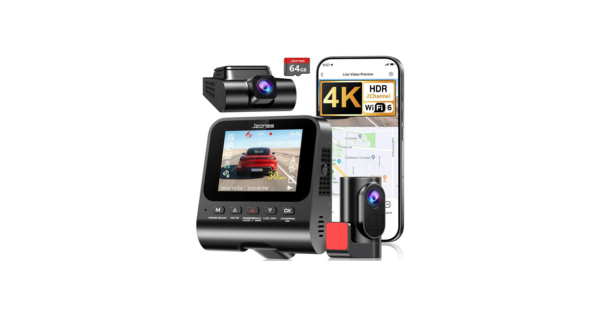 (NEW) JZONES 4K Dash Cam Front and Rear w/64GB Card