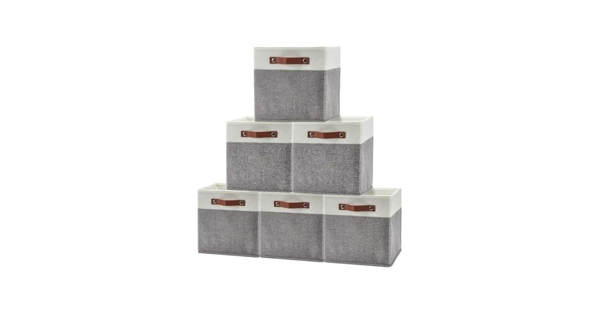 PrecisionAuto 13x13 Storage Cube Bins Set of 6, Beige/White