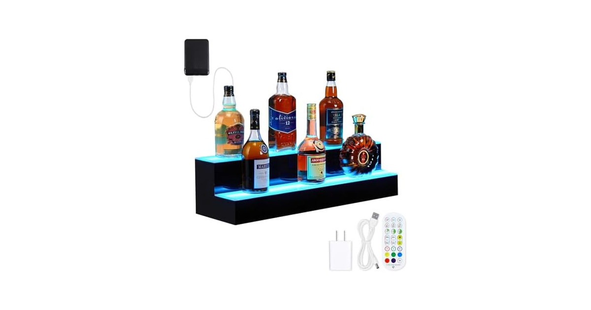 16'' LED Lighted Liquor Bottle Shelf, 2 Tier Bar Display