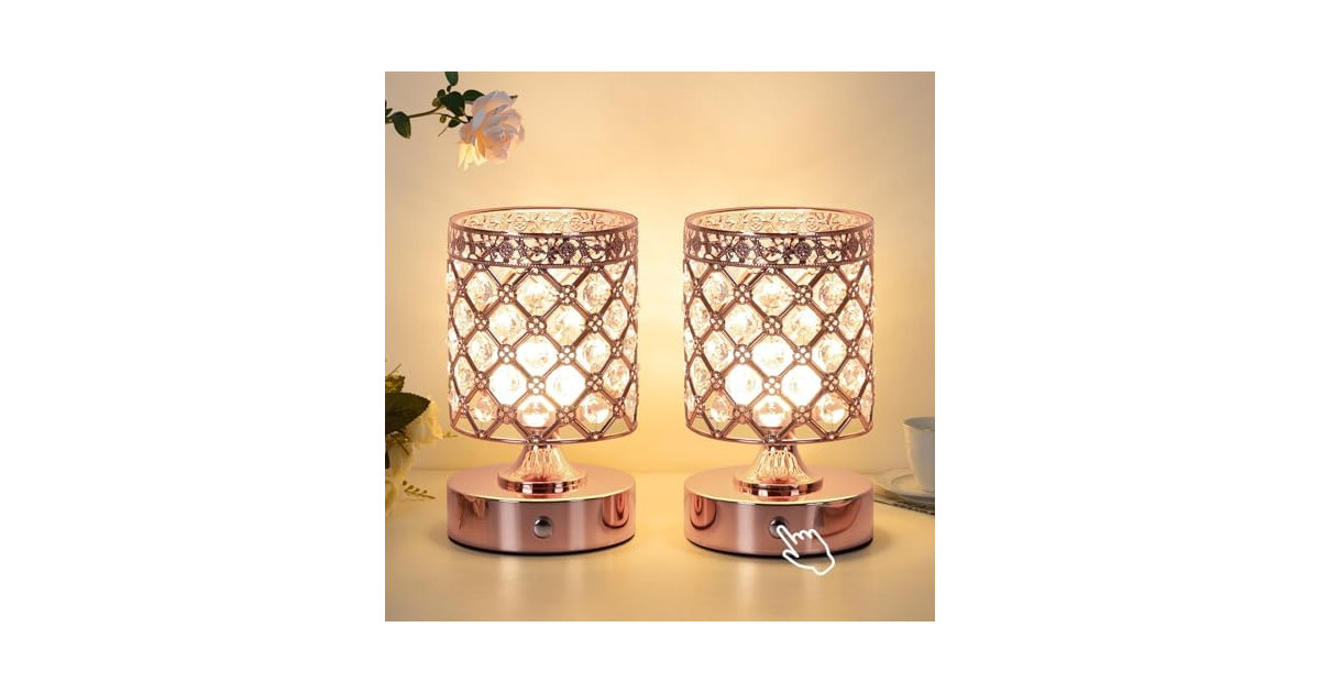 TOBUSA Rose Gold Small Crystal Cordless Table Lamps Set 2