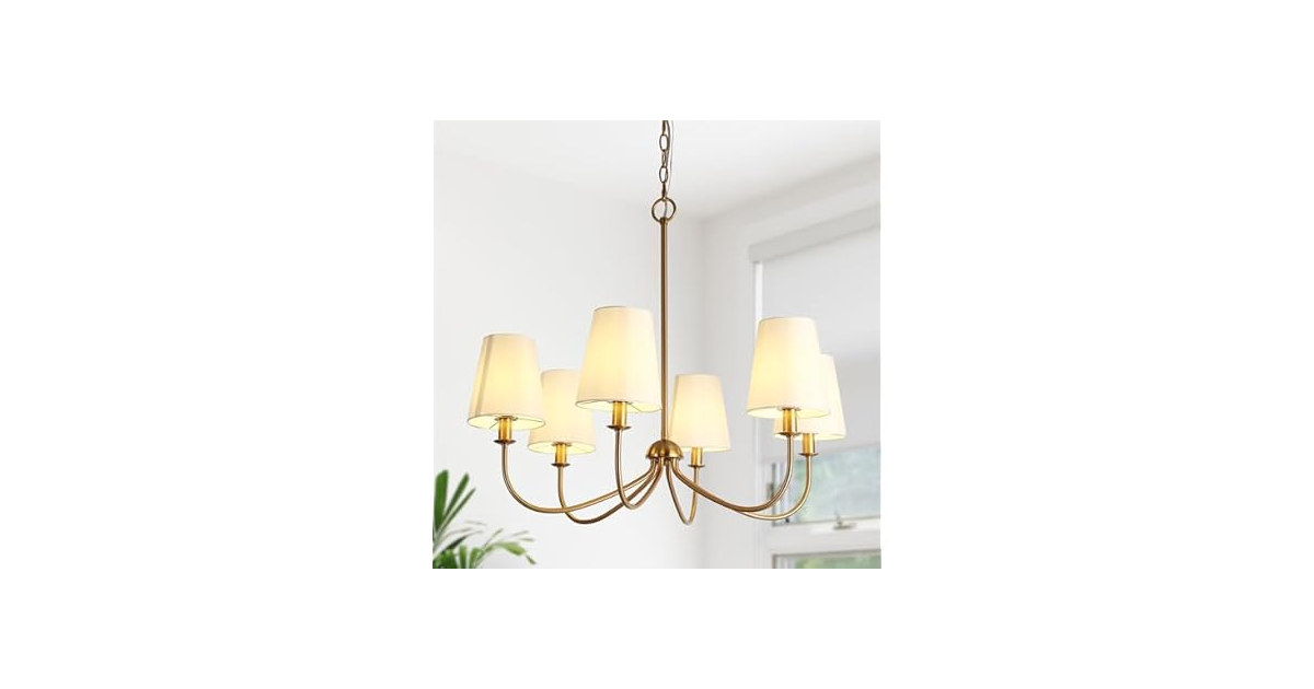 GEPOW Gold Chandelier with 6 Fabric White Shades