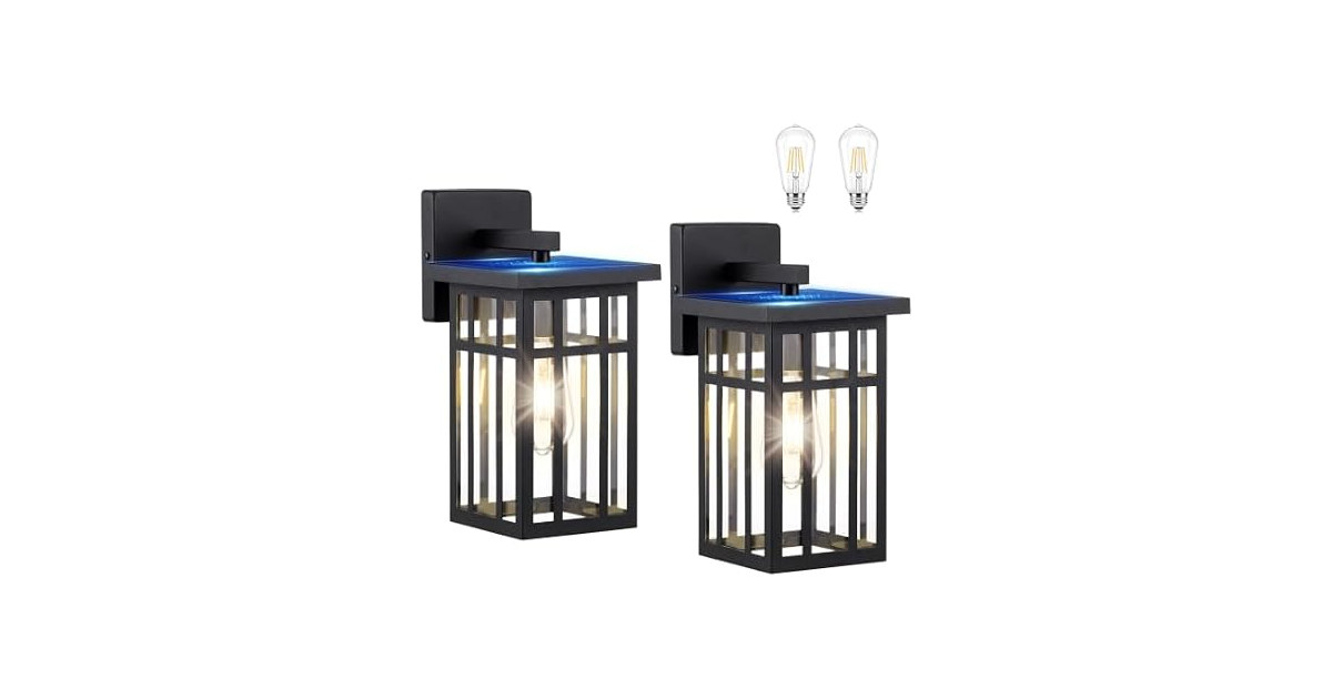 2-Pack Solar Outdoor Wall Lights, Exterior Wall Lanterns Black