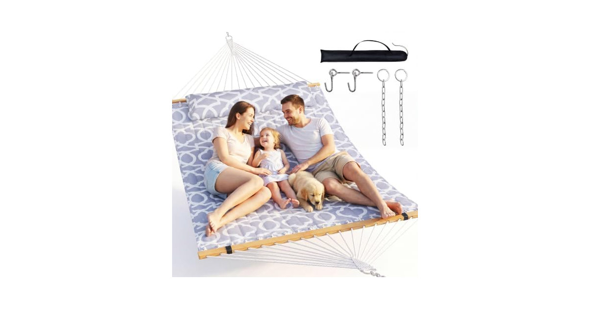 Everyfun EYF-DC100-White Gray Double Hammock with Sprea