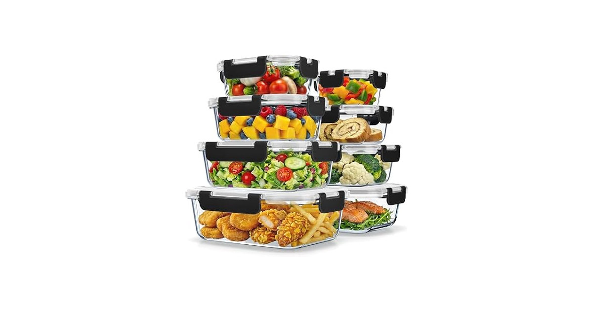 Glass Food Storage Containers with Lids 16 Pieces,Black