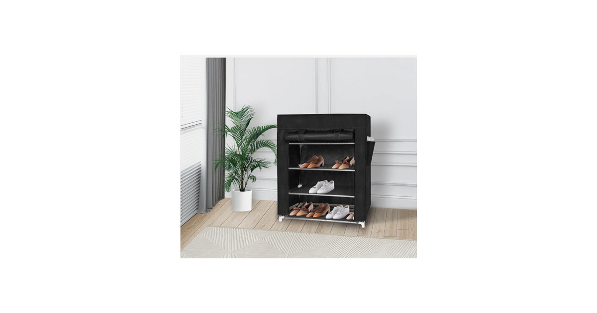 J&V Textiles 682-BK 4 Tier Shoe Rack with Side Pocket