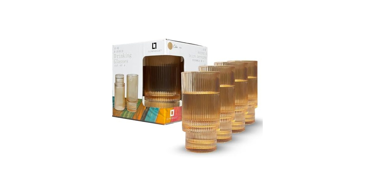 LUMINELLE Ribbed Drinking Glasses -15 oz Glass Set Of 4