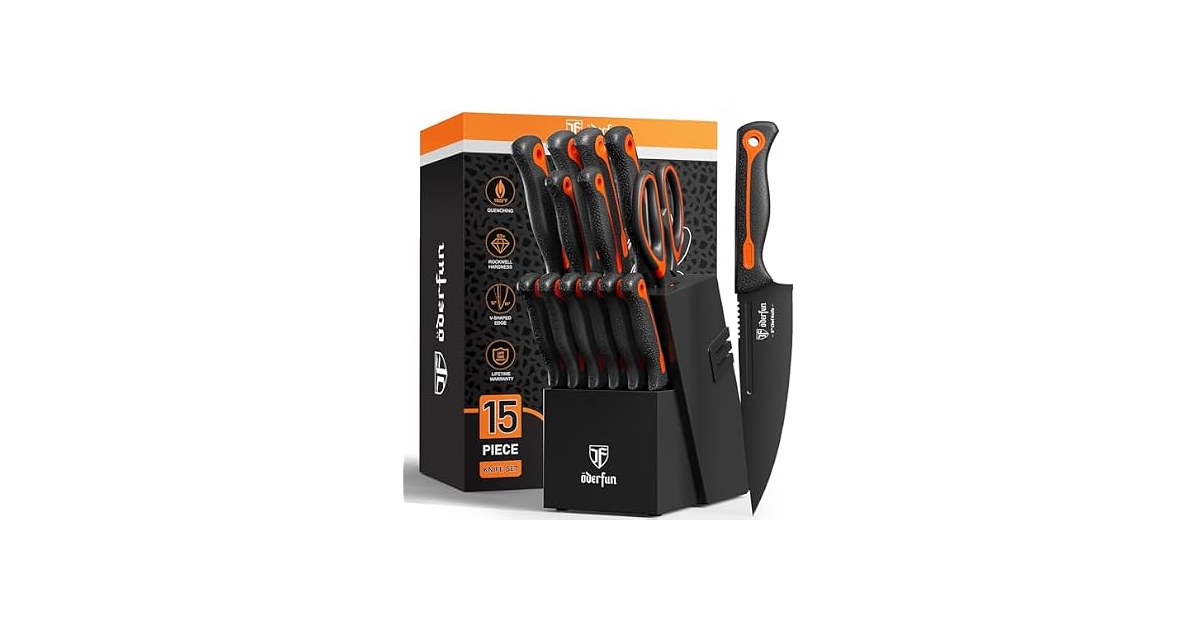 ODERFUN 15 PCS Orange Knife Block Set