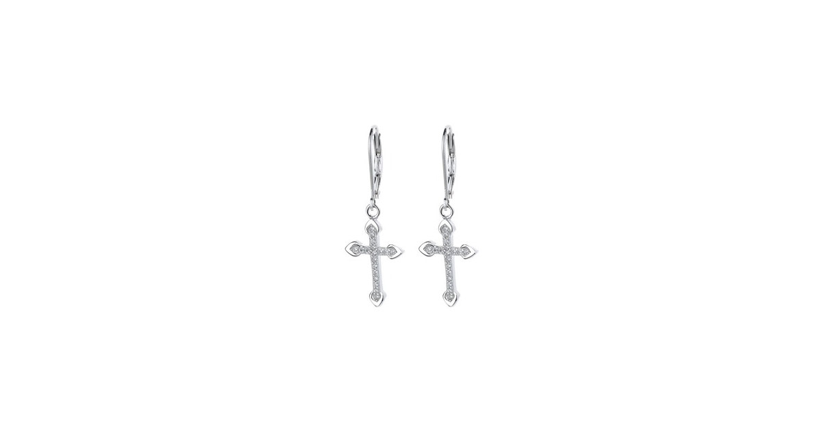 18K White Gold Leverback Cross Earrings
