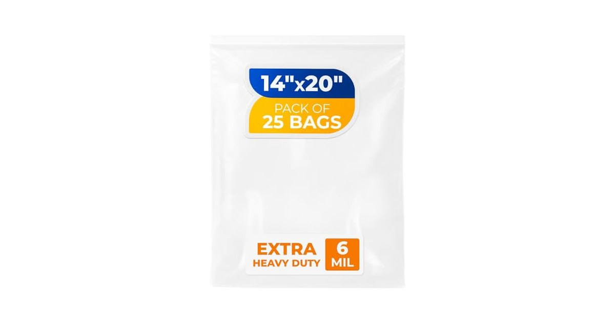 Paclord 14" x 20" Large Zip Seal Lock Bags, 6 Mil (Pack of 25)