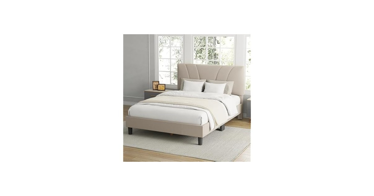 Avenco Queen Upholstered Bed Frame Beige