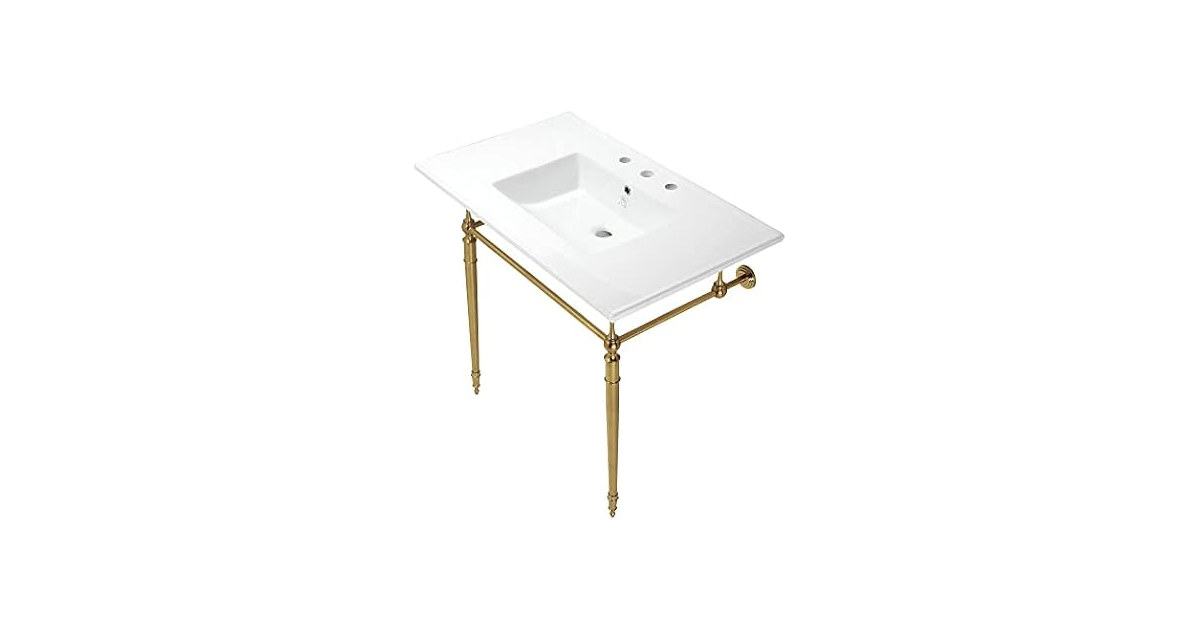 Kingston Brass 37" Ceramic Console Sink, White/Brushed Brass