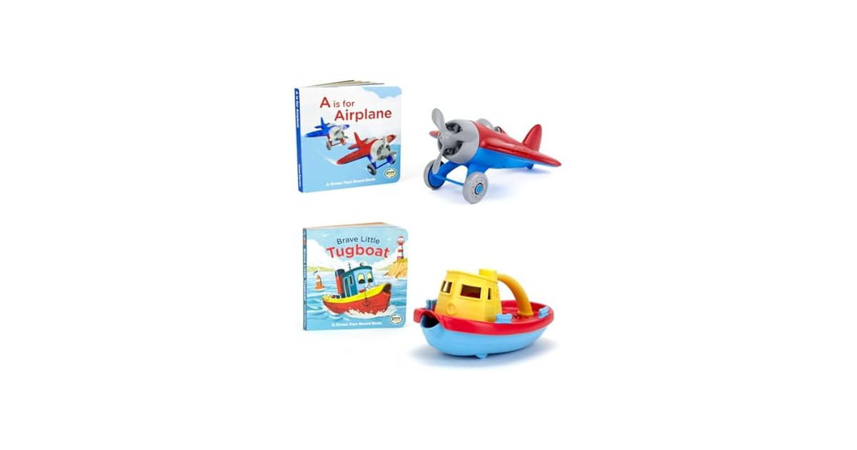 Green Toys Tugboat & Board Book & Airplane Board Book Bundle