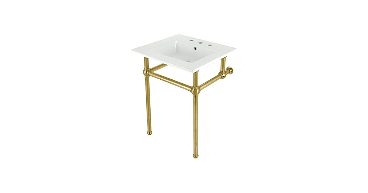 Kingston Brass 25"x 33"H Ceramic Console Sink, White/Brushed Brass
