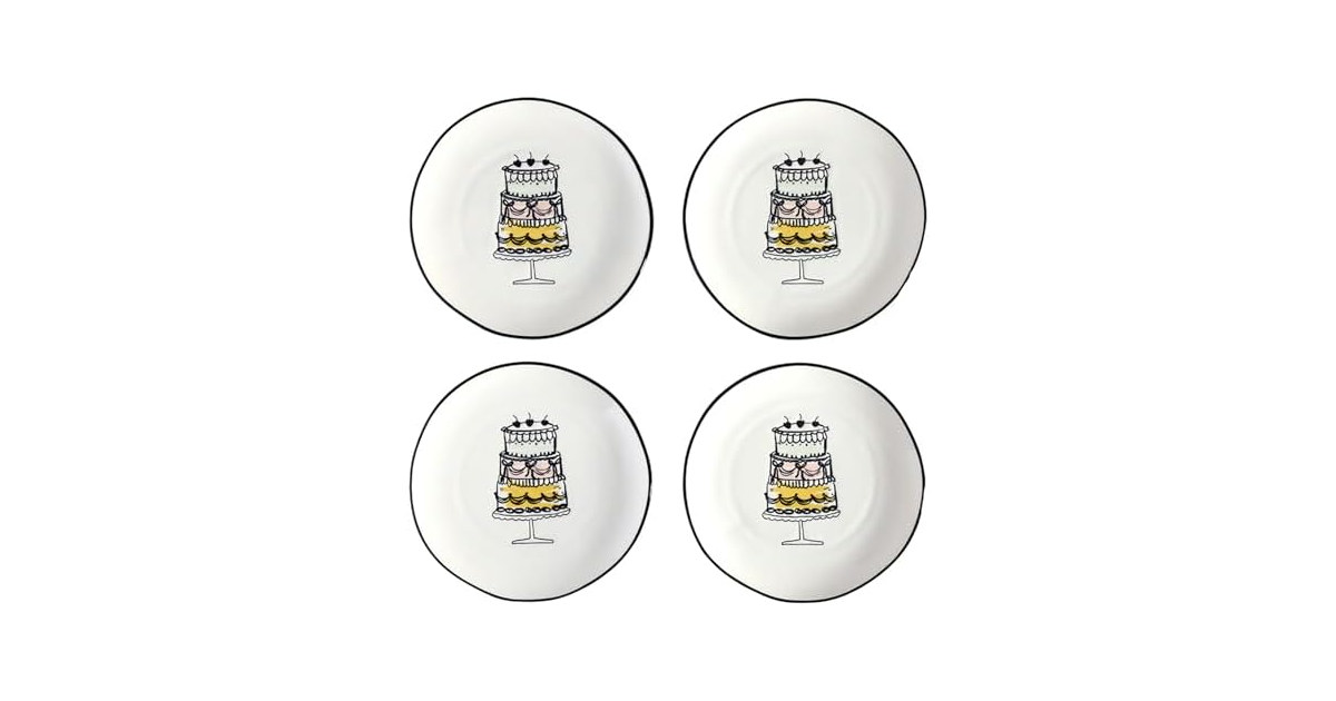 Set of 4 Small Ceramic Plates, 6" Diameter, Birthday Cake