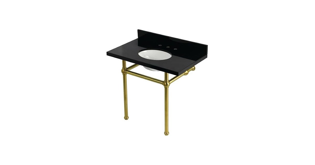 Kingston Brass Console Sink, Black Granite/Brushed Brass
