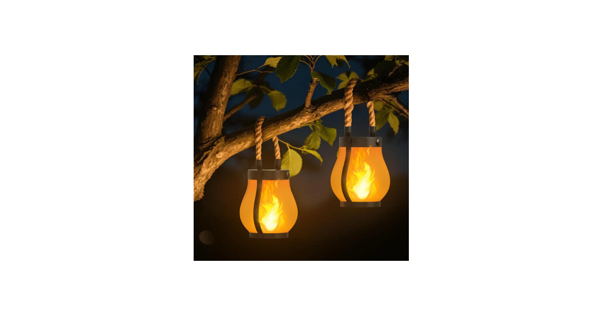 Solar Lanterns Outdoor w/ Ultra-Real Flame, 2 Pack