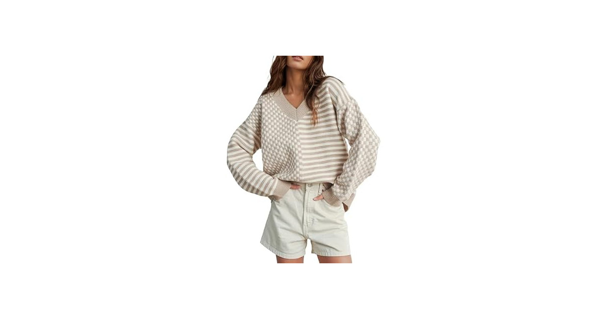 UNCLECAT Womens V Neck Striped Sweater