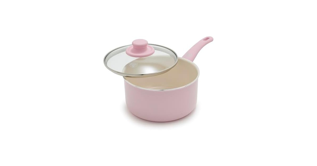 GreenLife 2.5QT Ceramic Nonstick Saucepan with Glass Lid, Pink